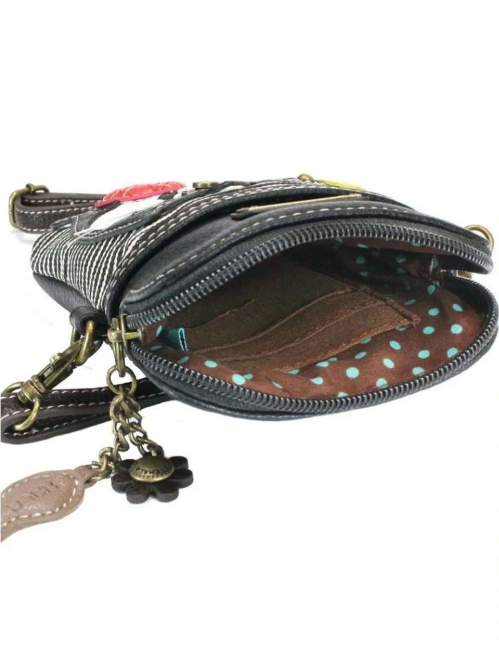 Chala Black Striped Crossbody with Cat Appliqué and Red Ball NWT